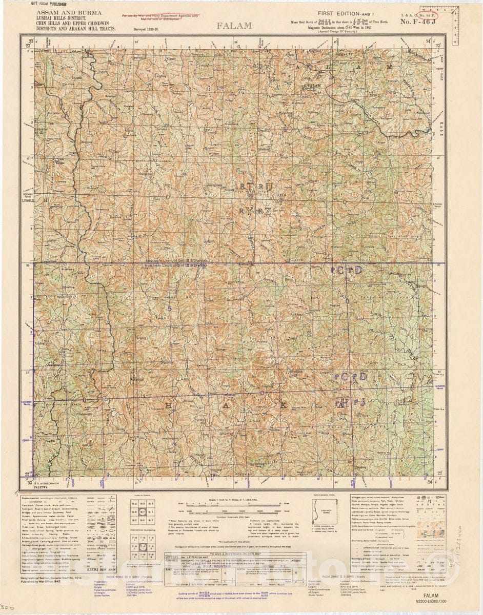 Map : Assam and Burma, Lushai Hills District, Chin Hills and Upper Chindwin Districts and Arakan Hill Tracts, Falam, No. 84 F 1942, India 1:253,440