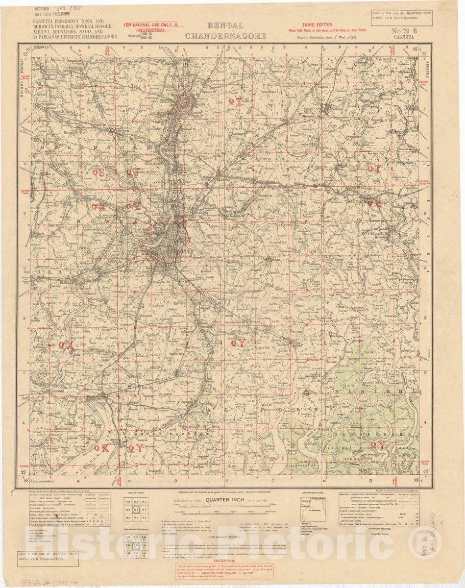 Map : Calcutta Presidency Town and Burdwan, Hooghly, Howrah, Jessore, Khulna, Midnapore, Nadia and 24-Parganas Districts, Chandernagore, No. 79 B 1944, India 1:253,440