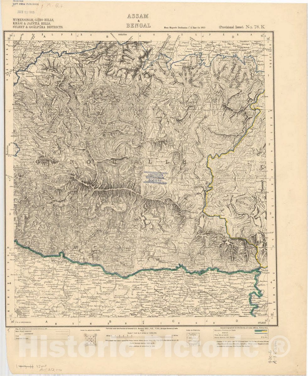 Map : Mymensingh, Garo Hills, Khasi & Jaintia Hills, Sylhet & Goalpara Districts, Assam & Bengal, No. 78 K1914, India 1:253,440, Antique Vintage Reproduction