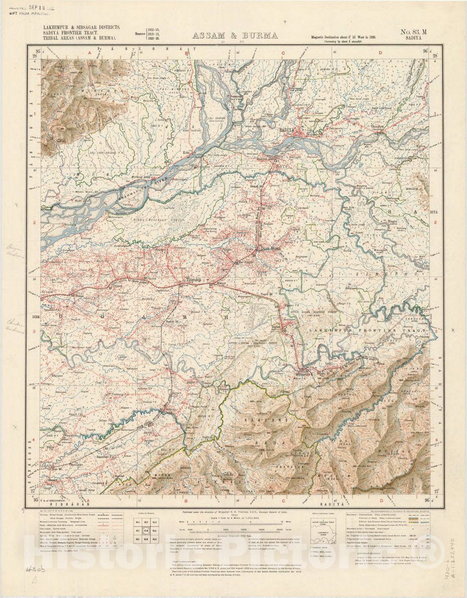 Map : Lakhimpur & Sibsagar Districts, Sadiya Frontier Tract, Tribal areas (Assam & Burma) No. 83 M 1930, India 1:253,440, Antique Vintage Reproduction