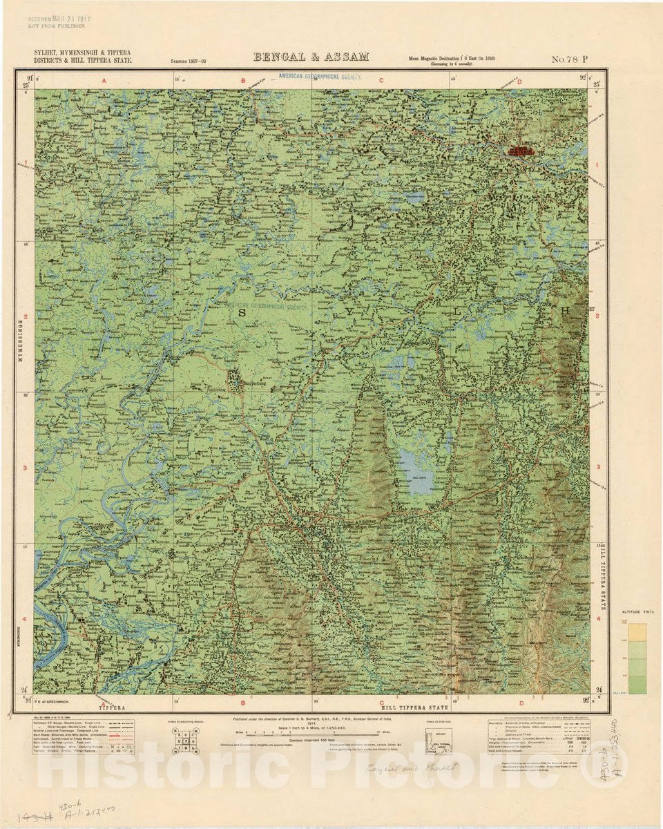 Map : Sylhet, Mymensingh &Tippera Districts & Hill Tippera State, Bengal & Assam, No. 78 P 1914 2, India 1:253,440, Antique Vintage Reproduction