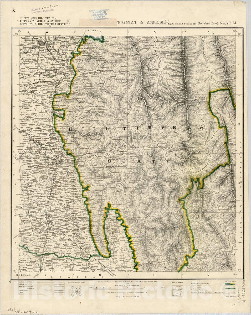 Map : Chittagong hill Tracts, Tippera, Noakhali & Sylhet Districts & Hill Tippera State, Bengal & Assam, No. 79 M 1911, India 1:253,440, Antique Vintage Reproduction