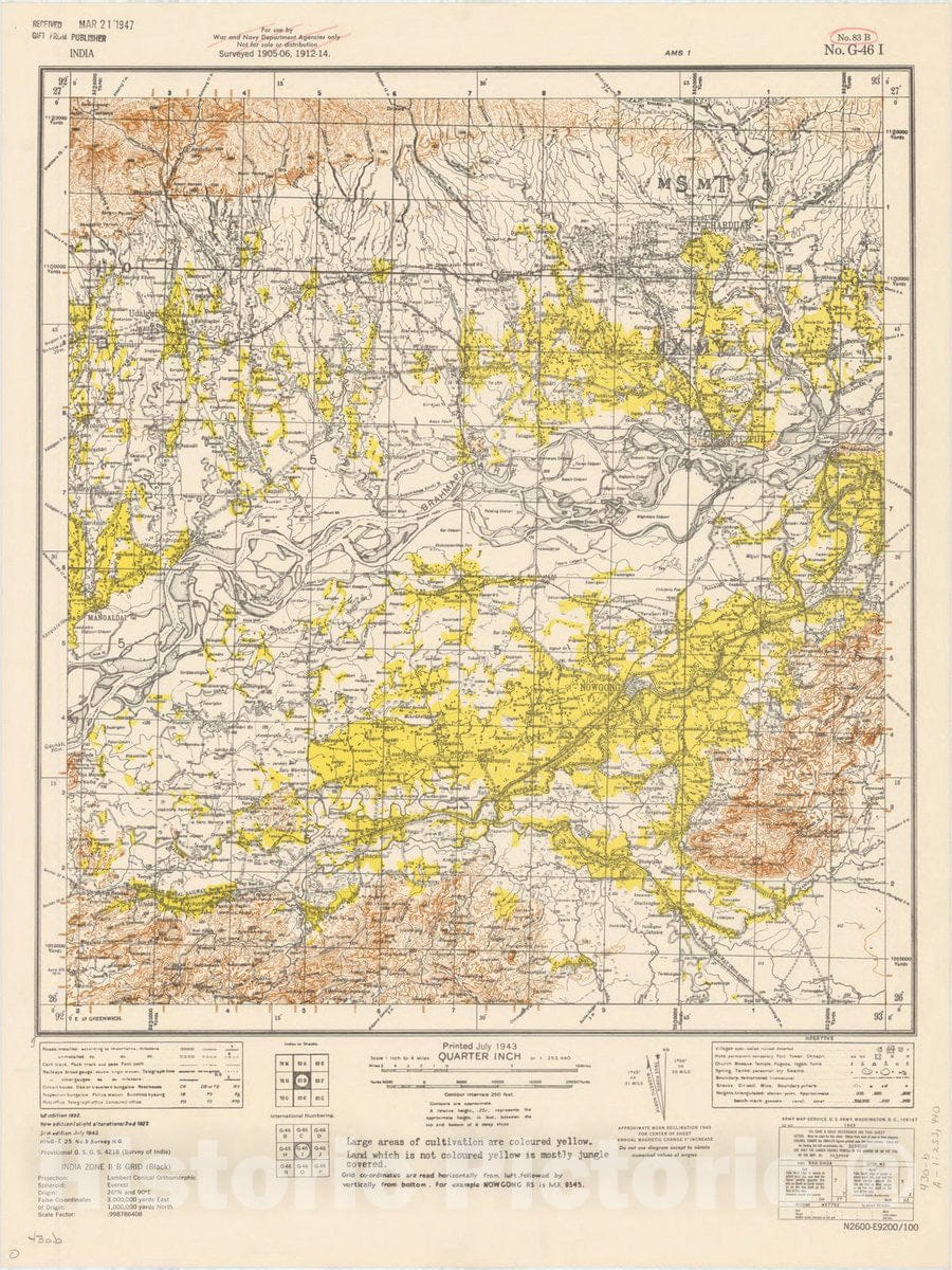 Map : India, [Nowgong] No. 83 B 1943, India 1:253,440, Antique Vintage Reproduction