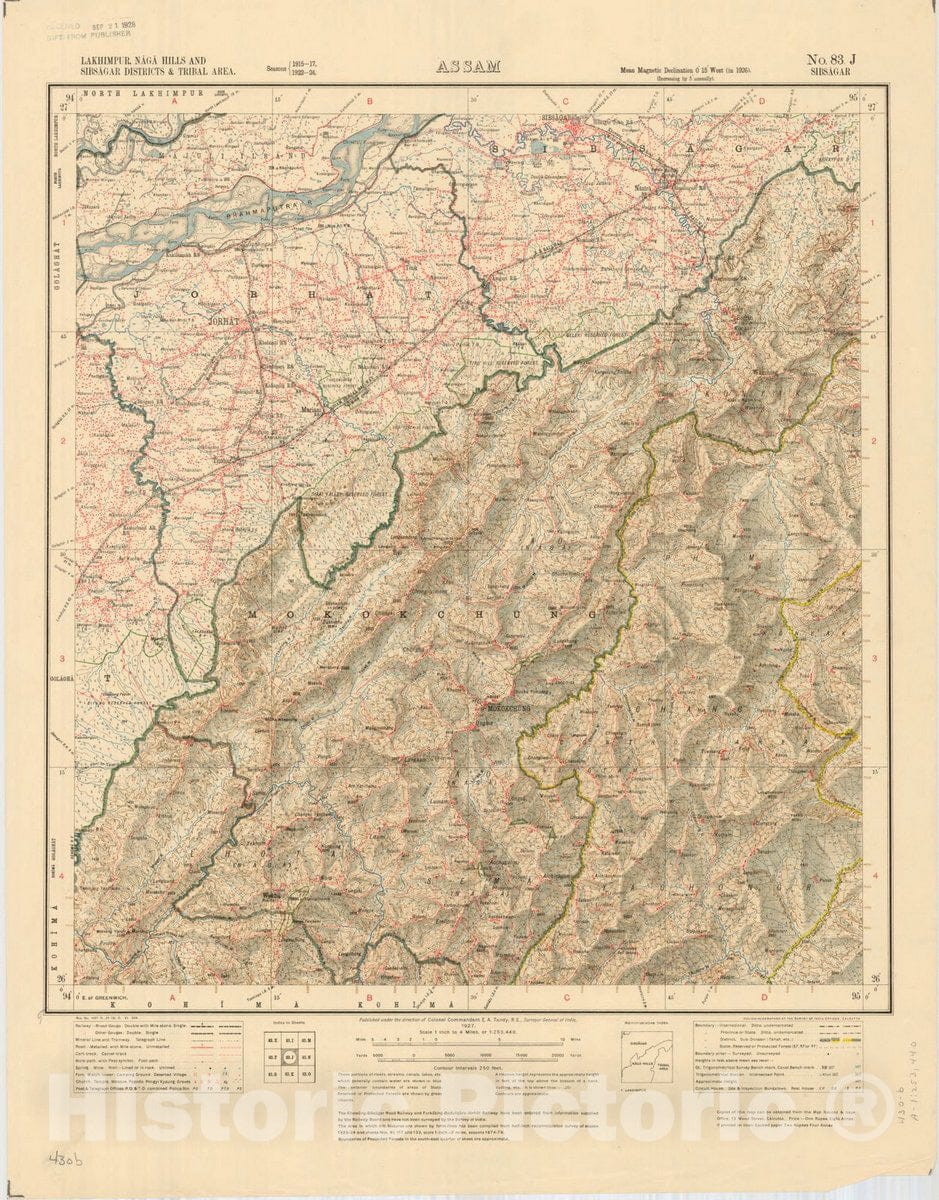 Map : Lakhimpur, Naga Hills and Sibsagar Districts & Tribal area, Assam No. 83 J Sibsagar 1927, India 1:253,440, Antique Vintage Reproduction