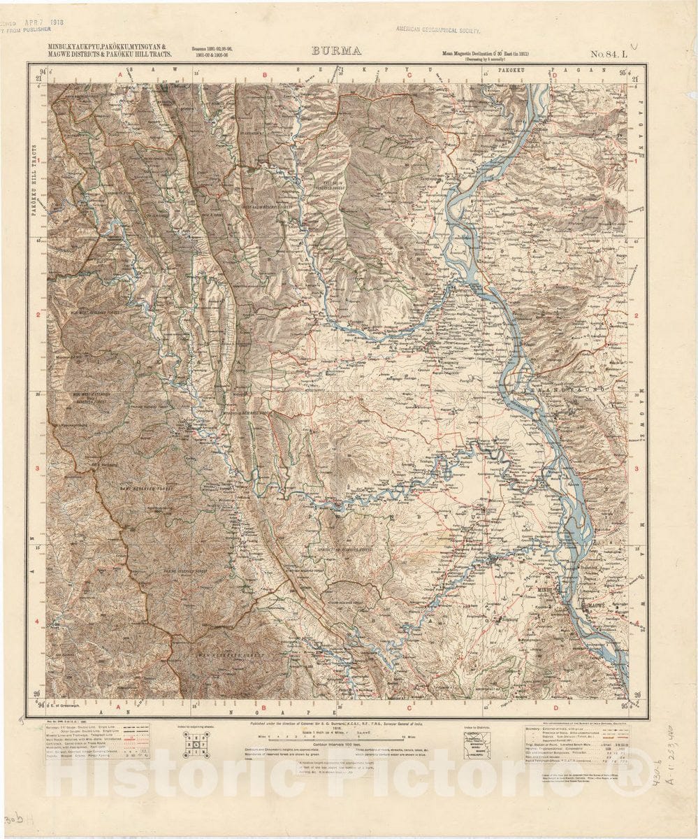 Map : Minbu, Kyaukpyu, Pakokku, Myingyan & Magwe Districts & Pakokku Hill Tracts, Burma, No. 84 L 1916 2, India 1:253,440, Antique Vintage Reproduction