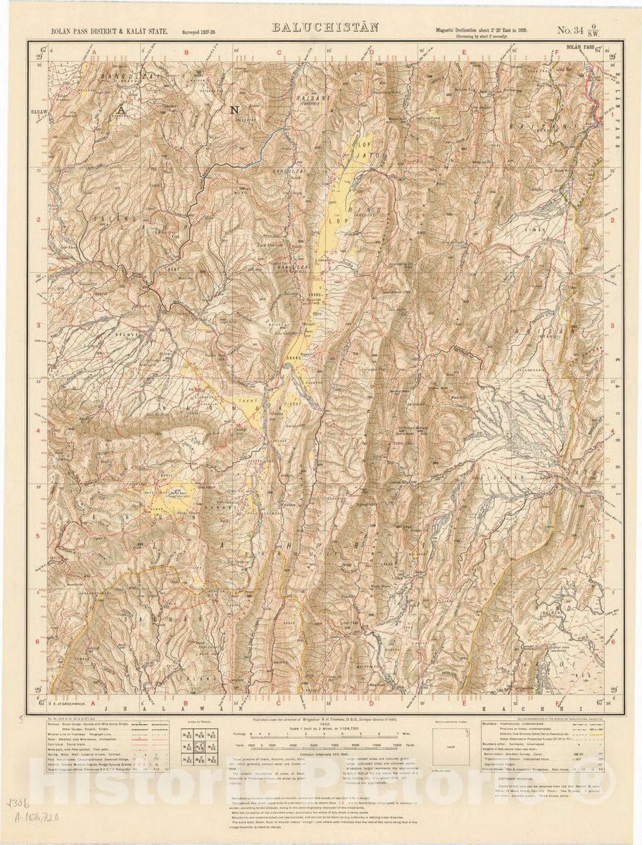 Map : Bolan Pass District & Kalat State, Baluchistan, No. 34 O/S.W. 1932, India and adjacent countries, Antique Vintage Reproduction