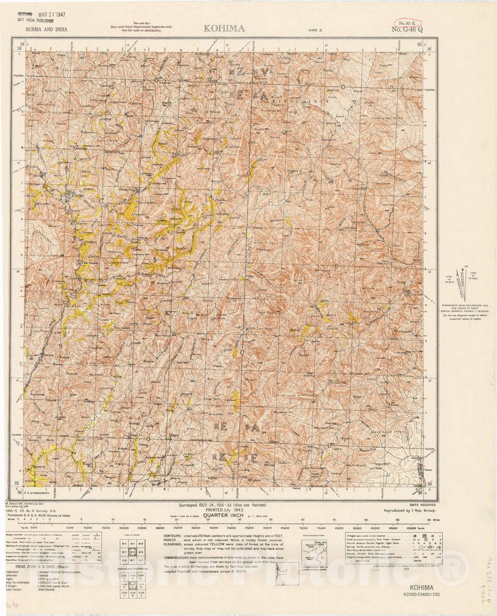 Map : Kohima, Burma and India No. 83 K 1943, India 1:253,440, Antique Vintage Reproduction