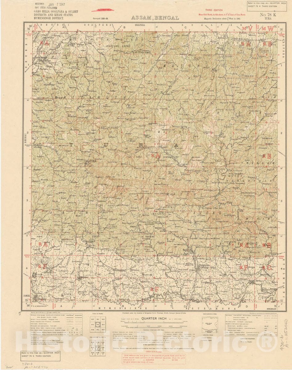 Map : Garo Hills, Goalpara & Sylhet Districgts and Khasi States, Mymeensingh District, Assam, Bengal, No. 78 K 1944, India 1:253,440, Antique Vintage Reproduction