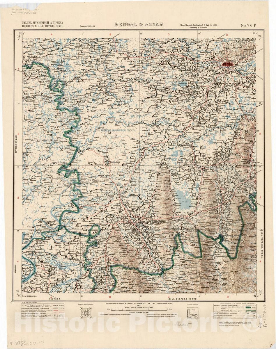 Map : Sylhet, Mymensingh &Tippera Districts & Hill Tippera State, Bengal & Assam, No. 78 P 1914 1, India 1:253,440, Antique Vintage Reproduction