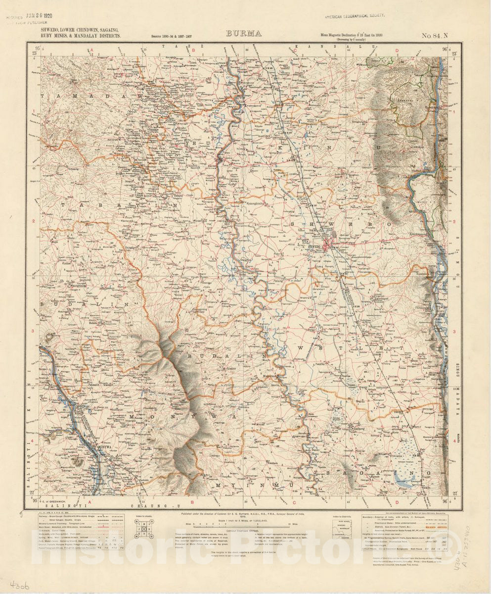 Map : Shwebo, Lower Chindwin, Sagaing, Ruby Mines, & Mandalay Districts, Burma, No. 84 N 1918, India 1:253,440, Antique Vintage Reproduction