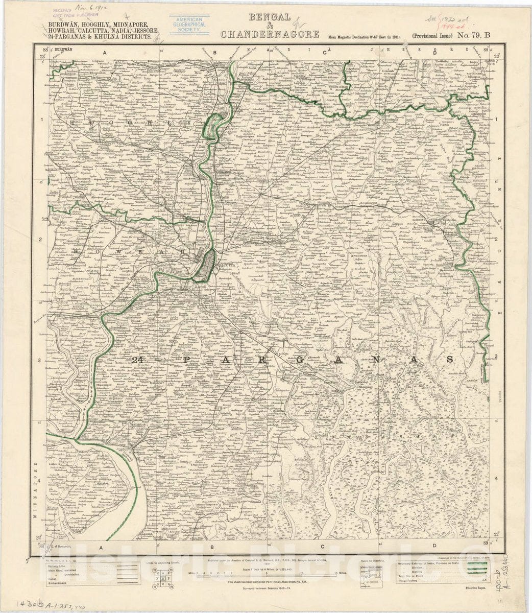 Map : Burdwan, Hooghly, Midnapore, Howrah, Calcutta, nadia, Jessore, 24-Parganas & Khulna Districts, Bengal & Chandernagore, No. 79 B 1911, India 1:253,440