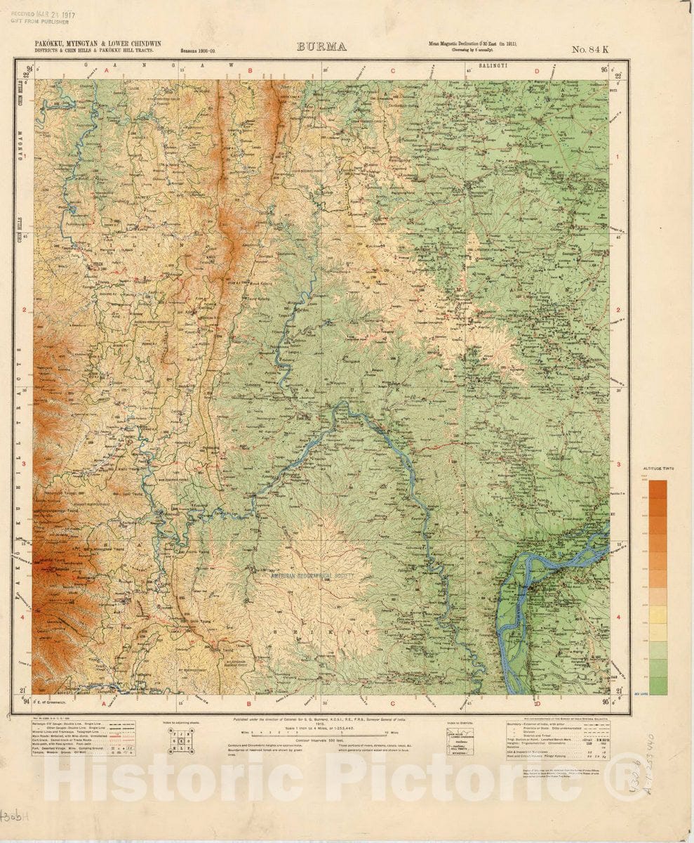 Map : Pakokku, Myingyan &Lower Chindwin Districts & Chin Hills & Pakokku Hill Tracts, Burma No. 84 K 1915, India 1:253,440, Antique Vintage Reproduction