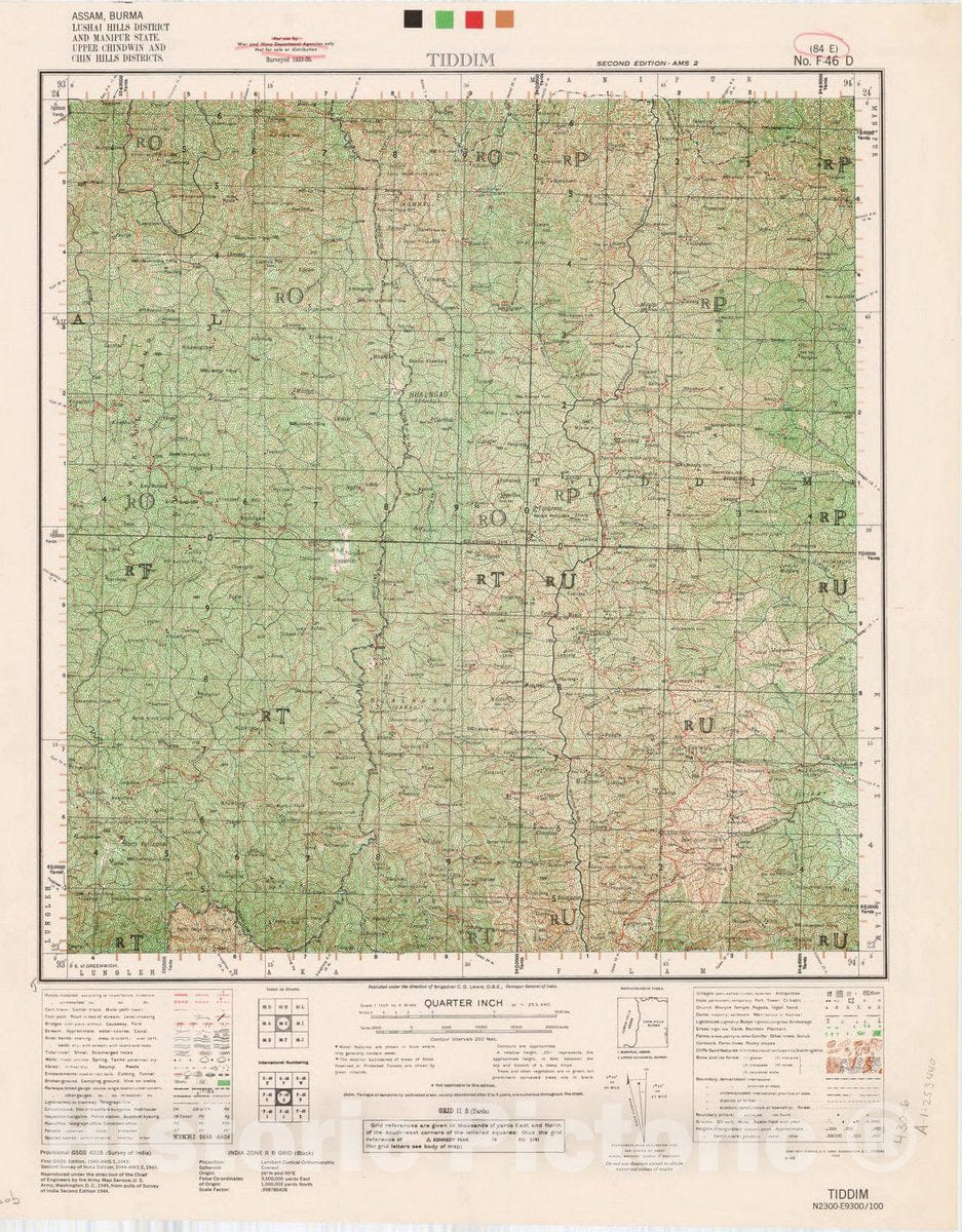 Map : Assam, Burma, Lushai Hills District and Manipur State, Upper Chindwin and Chin Hills Districts, Tiddim, 84 E 1945, India 1:253,440, Antique Vintage Reproduction