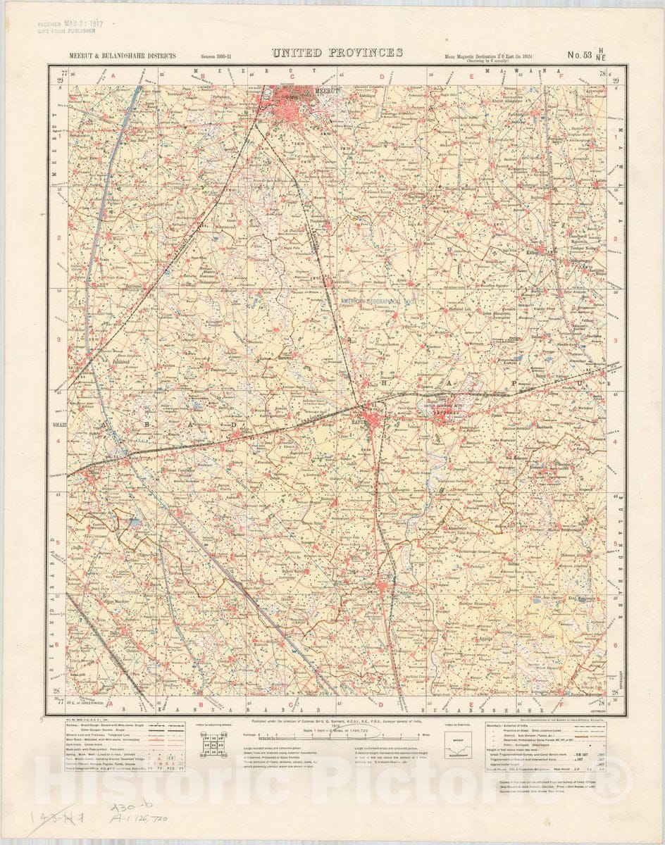 Map : Meerut & Bulandshahr Districts, United Provinces, No. 53 H/N.E. 1915, India and adjacent countries, Antique Vintage Reproduction