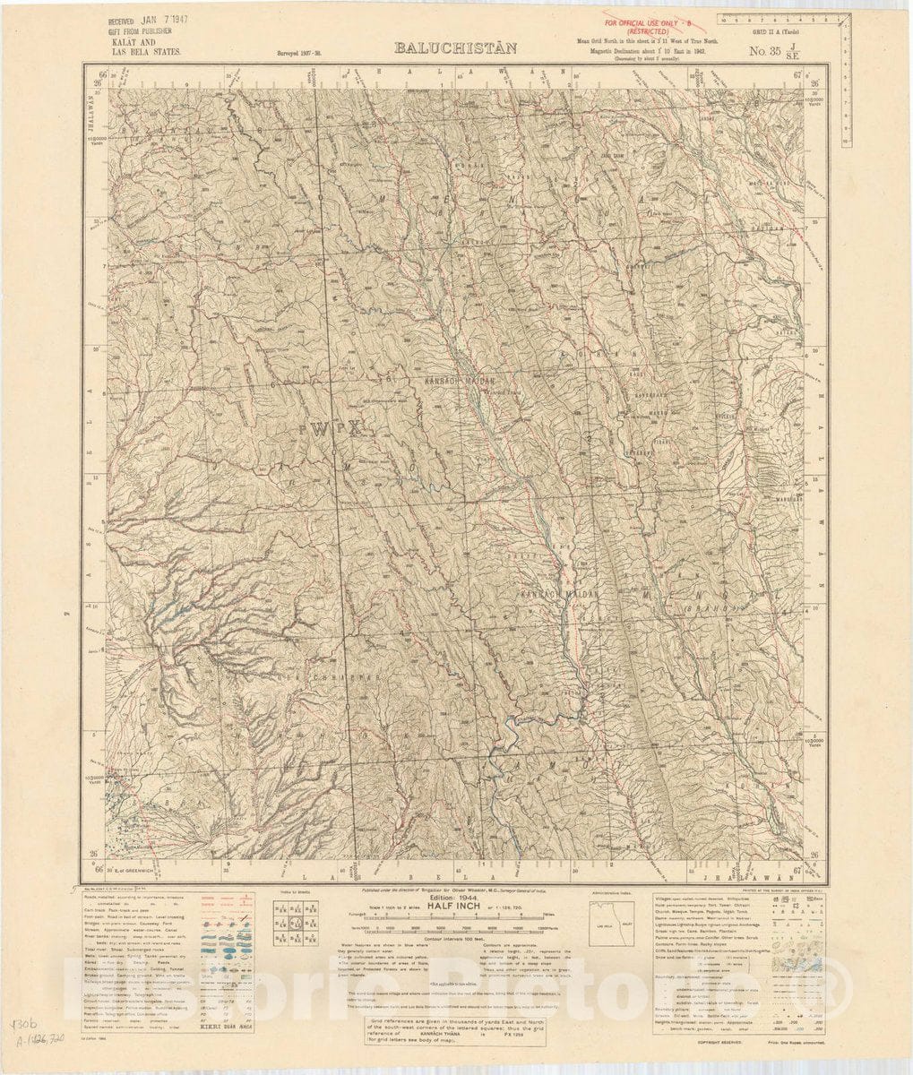 Map : Kalat and Las Bela States, Baluchistan, No. 35 J/S.E. 1944, India and adjacent countries, Antique Vintage Reproduction