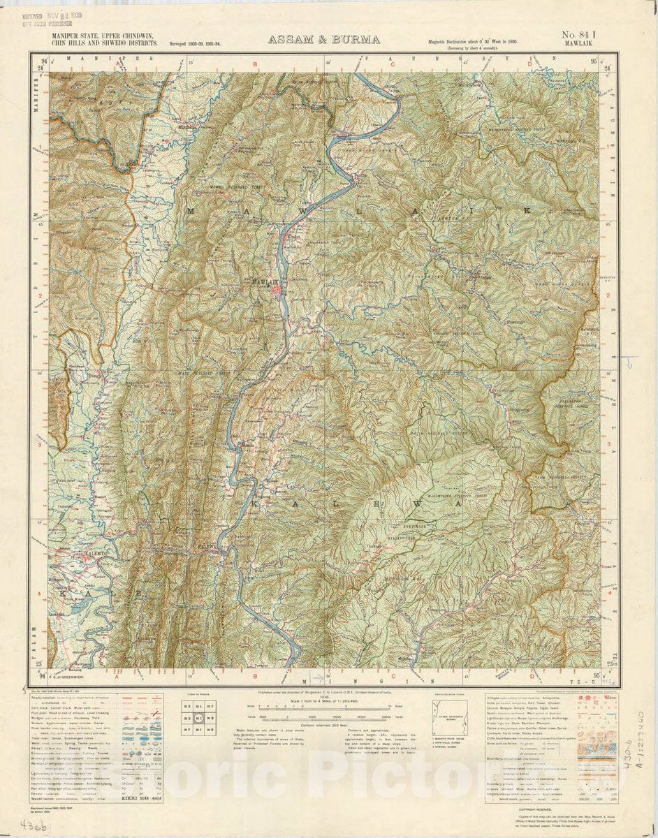 Map : Manipur State, Upper Chindwin, Chin Hills and shwebo Districts, Assam & Burma, No. 84 I Mawlaik 1938, India 1:253,440, Antique Vintage Reproduction