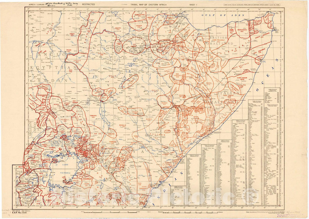 Map : Africa, east 1943 1, Tribal map of eastern Africa , Antique Vintage Reproduction