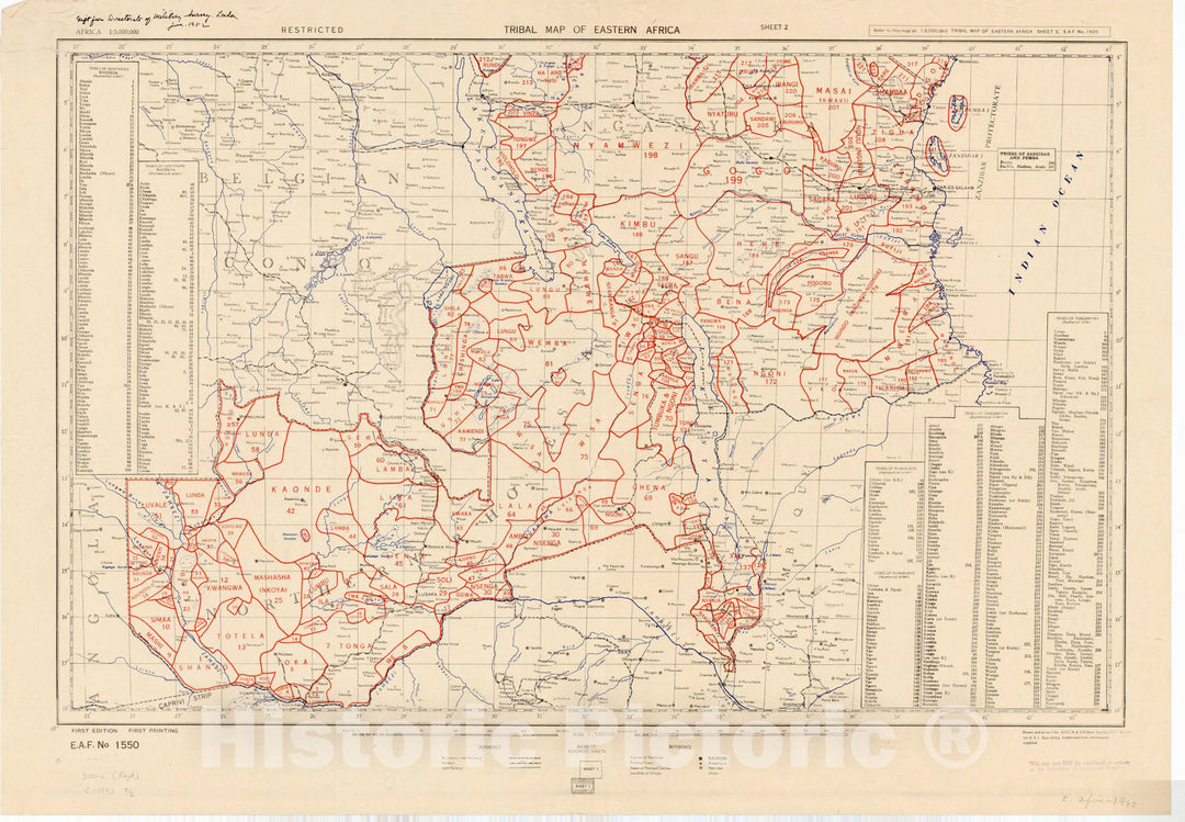 Map : Africa, east 1943 2, Tribal map of eastern Africa , Antique Vintage Reproduction