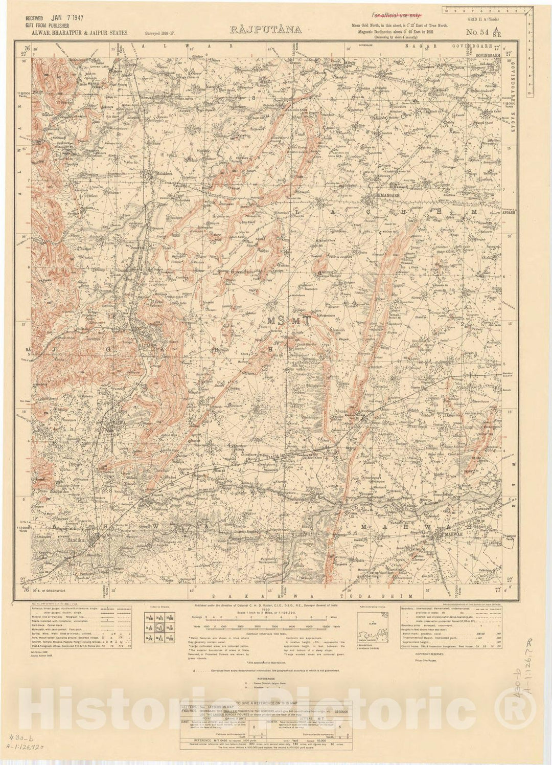 Map : Alwar, Bharatpur & Jaipur States, Rajputana, No. 54 A/S.E. 1920 1, India and adjacent countries, Antique Vintage Reproduction