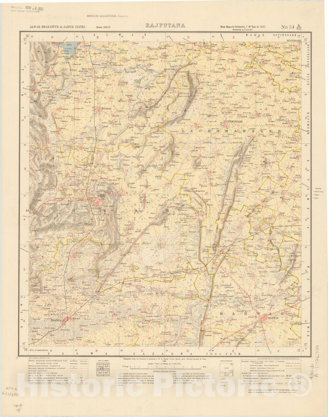 Map : Alwar, Bharatpur & Jaipur States, Rajputana, No. 54 A/S.E. 1920 2, India and adjacent countries, Antique Vintage Reproduction