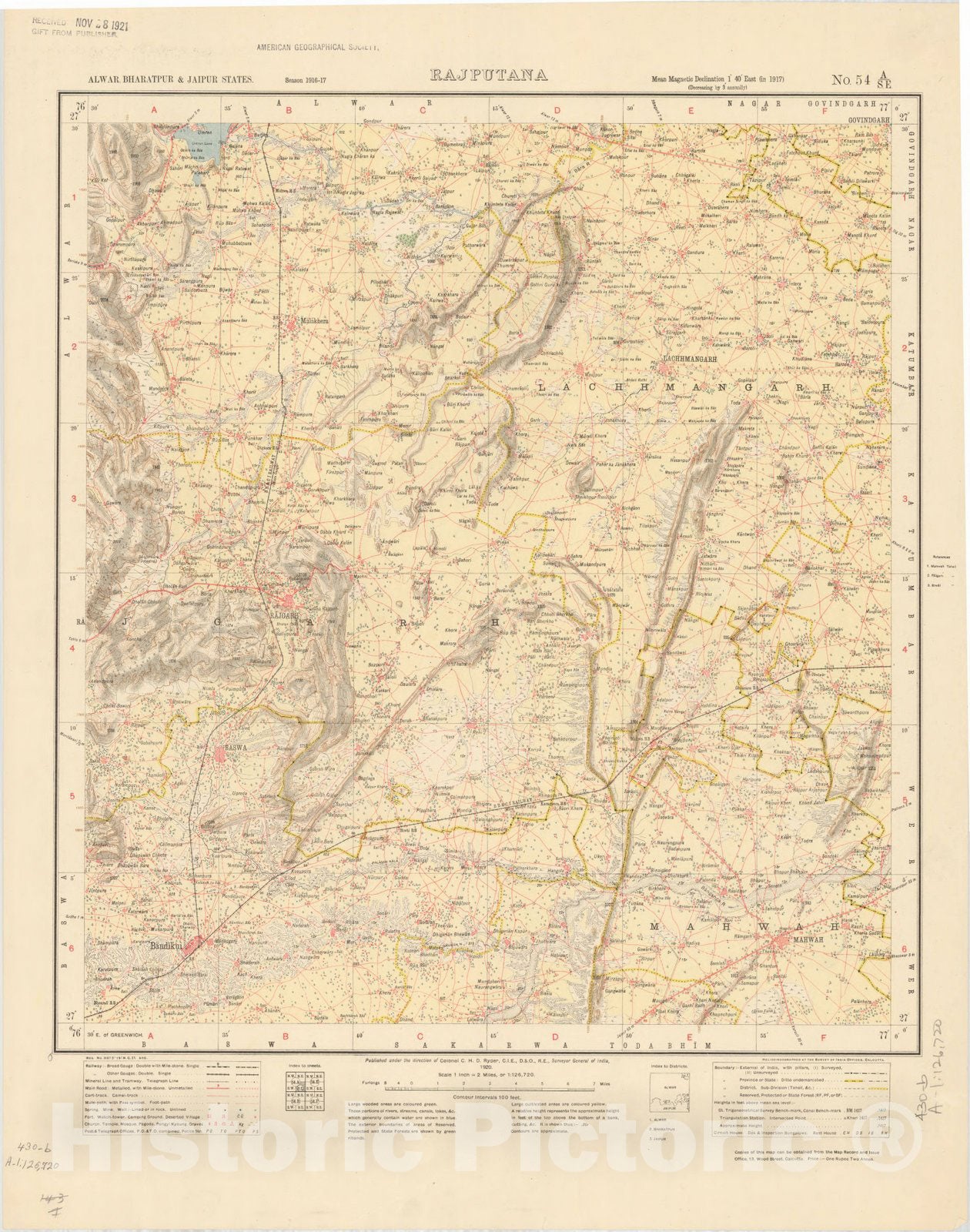 Map : Alwar, Bharatpur & Jaipur States, Rajputana, No. 54 A/S.E. 1920 2, India and adjacent countries, Antique Vintage Reproduction