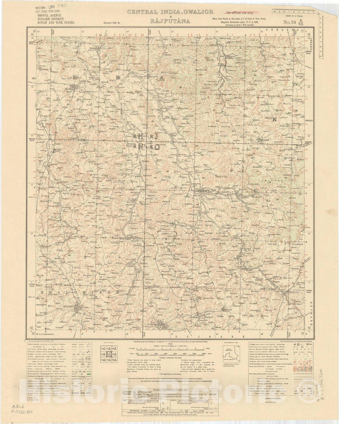 Historic Map : Bhopal Agency, Isagarh District, Kotah and Tonk States, Central India, Gwalior & Rajputana, No. 54 D/S.E. 1936 1, India and adjacent countries, Vintage Reproduction