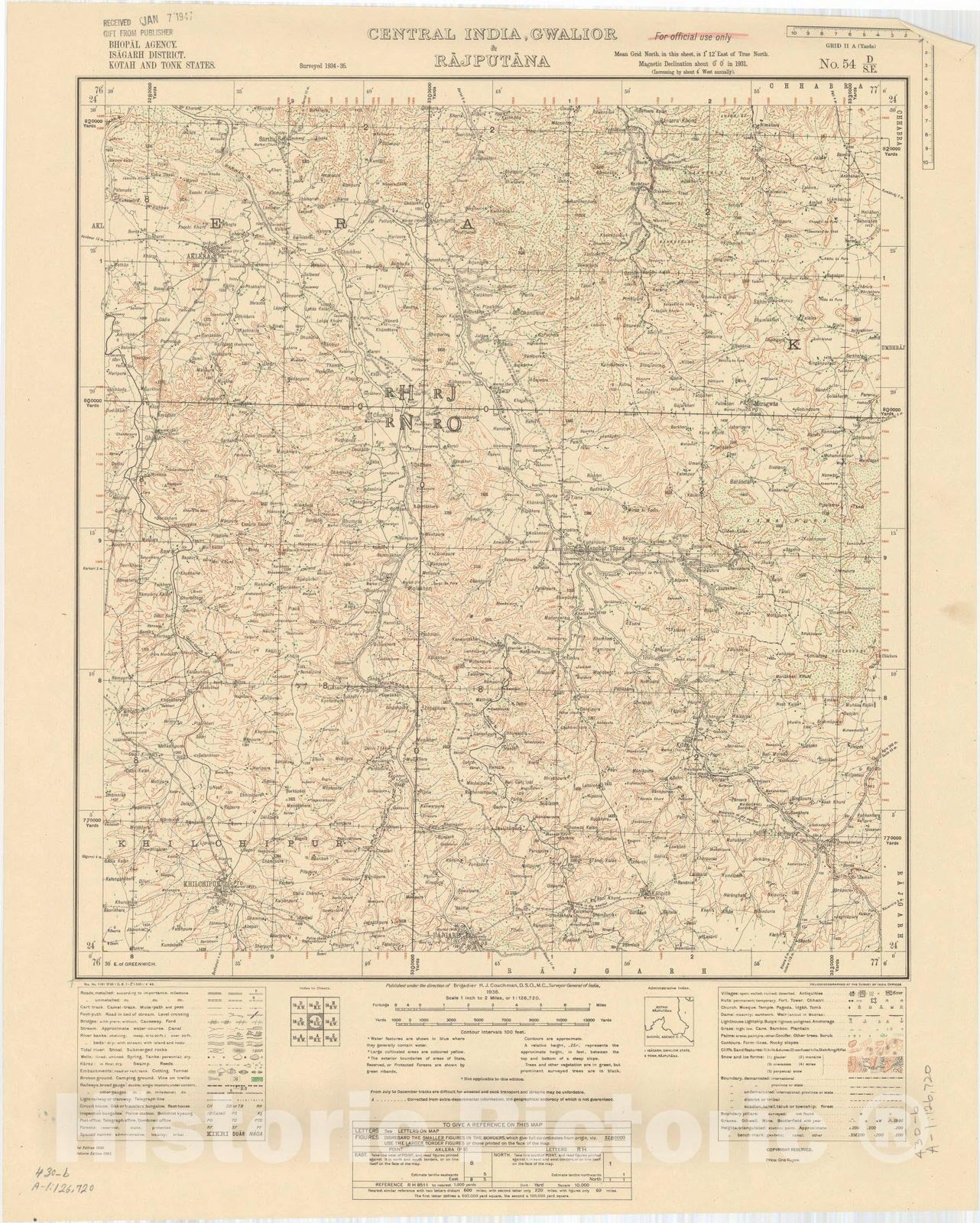 Historic Map : Bhopal Agency, Isagarh District, Kotah and Tonk States, Central India, Gwalior & Rajputana, No. 54 D/S.E. 1936 1, India and adjacent countries, Vintage Reproduction