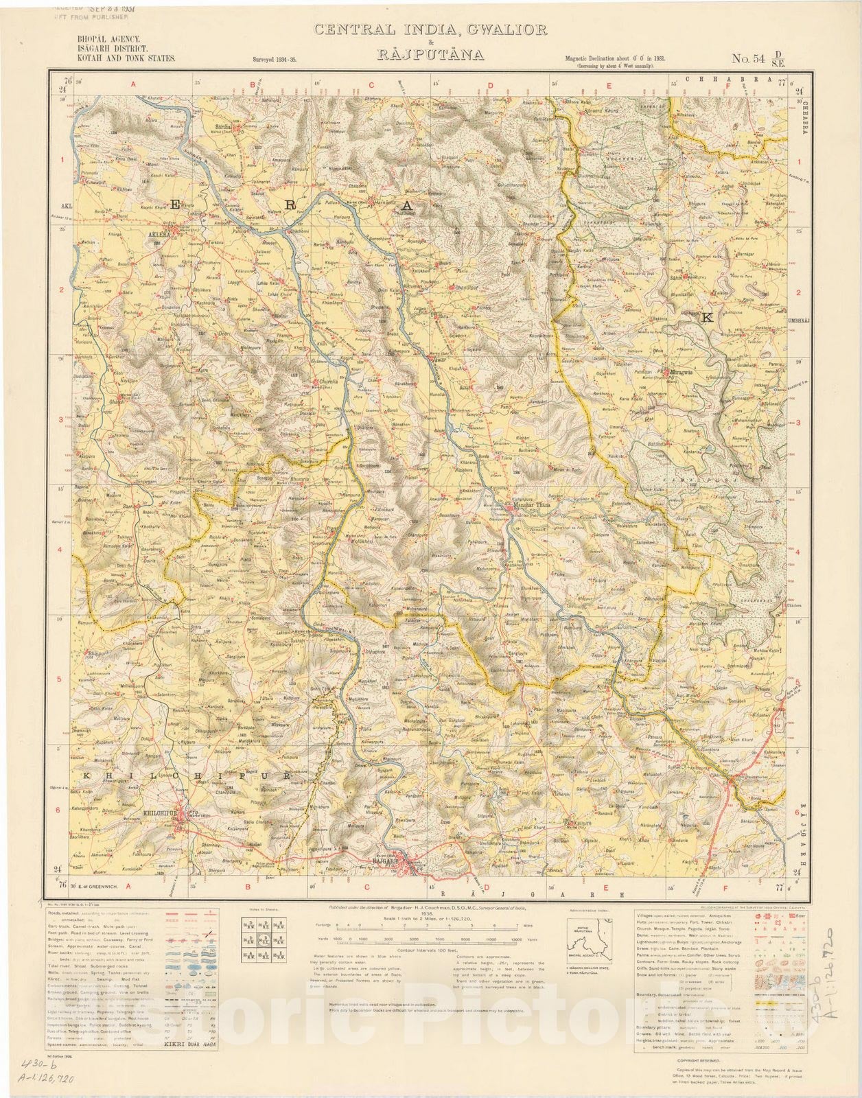 Historic Map : Bhopal Agency, Isagarh District, Kotah and Tonk States, Central India, Gwalior & Rajputana, No. 54 D/S.E. 1936 2, India and adjacent countries, Vintage Reproduction