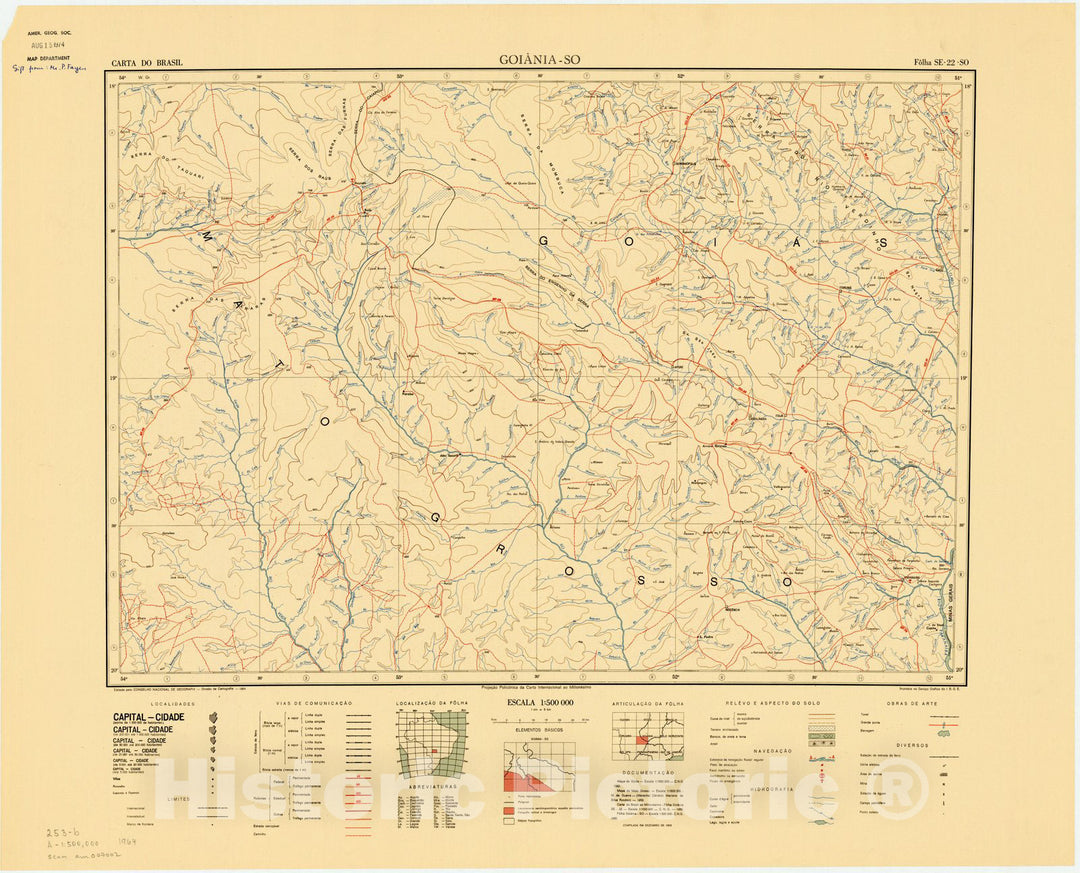 Map : Goiania - SO, Brazil 1964 1, Carta do Brasil , Antique Vintage Reproduction