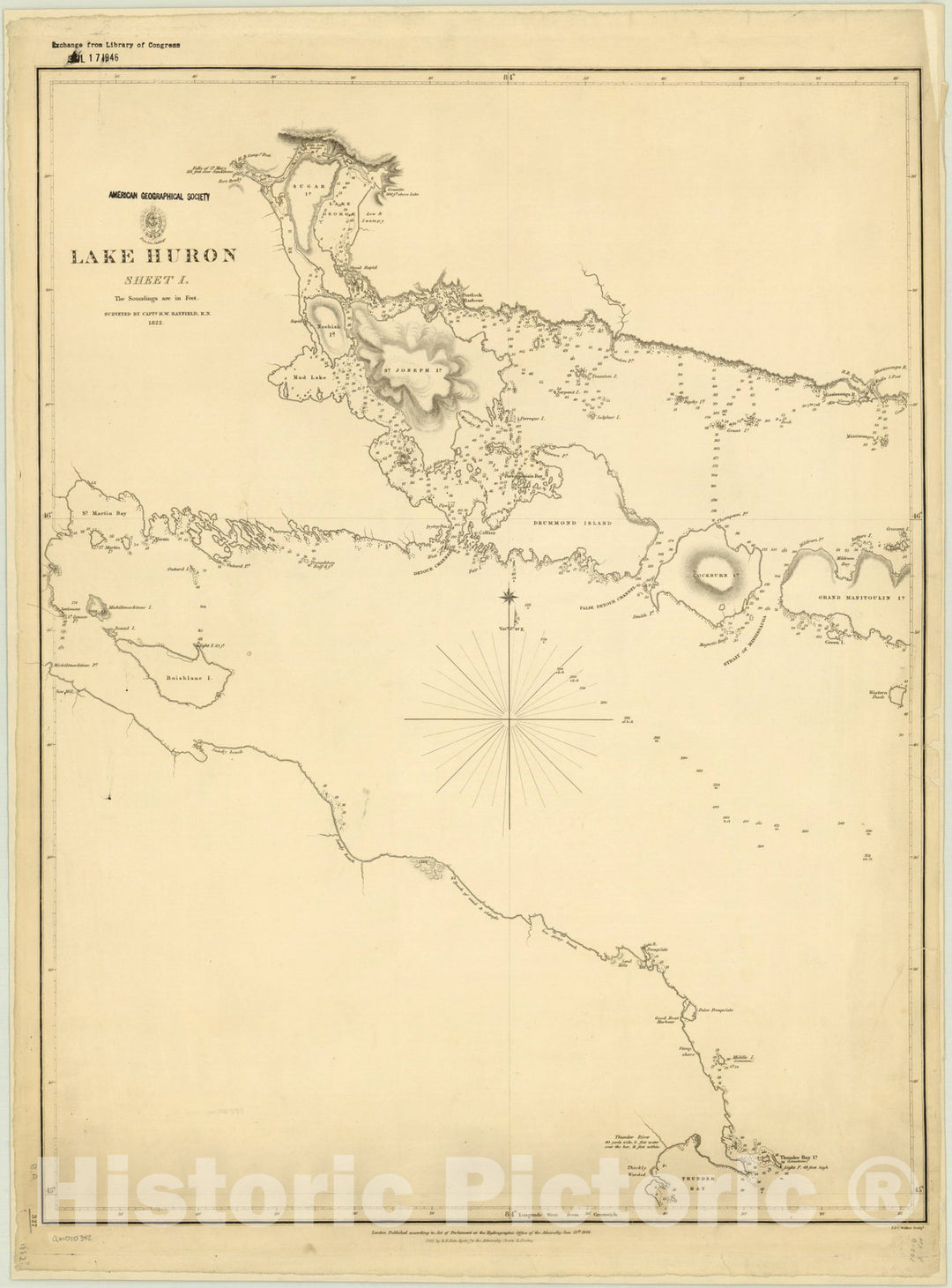 Map : Lake Huron 1828-1848 1, Lake Huron , Antique Vintage Reproduction