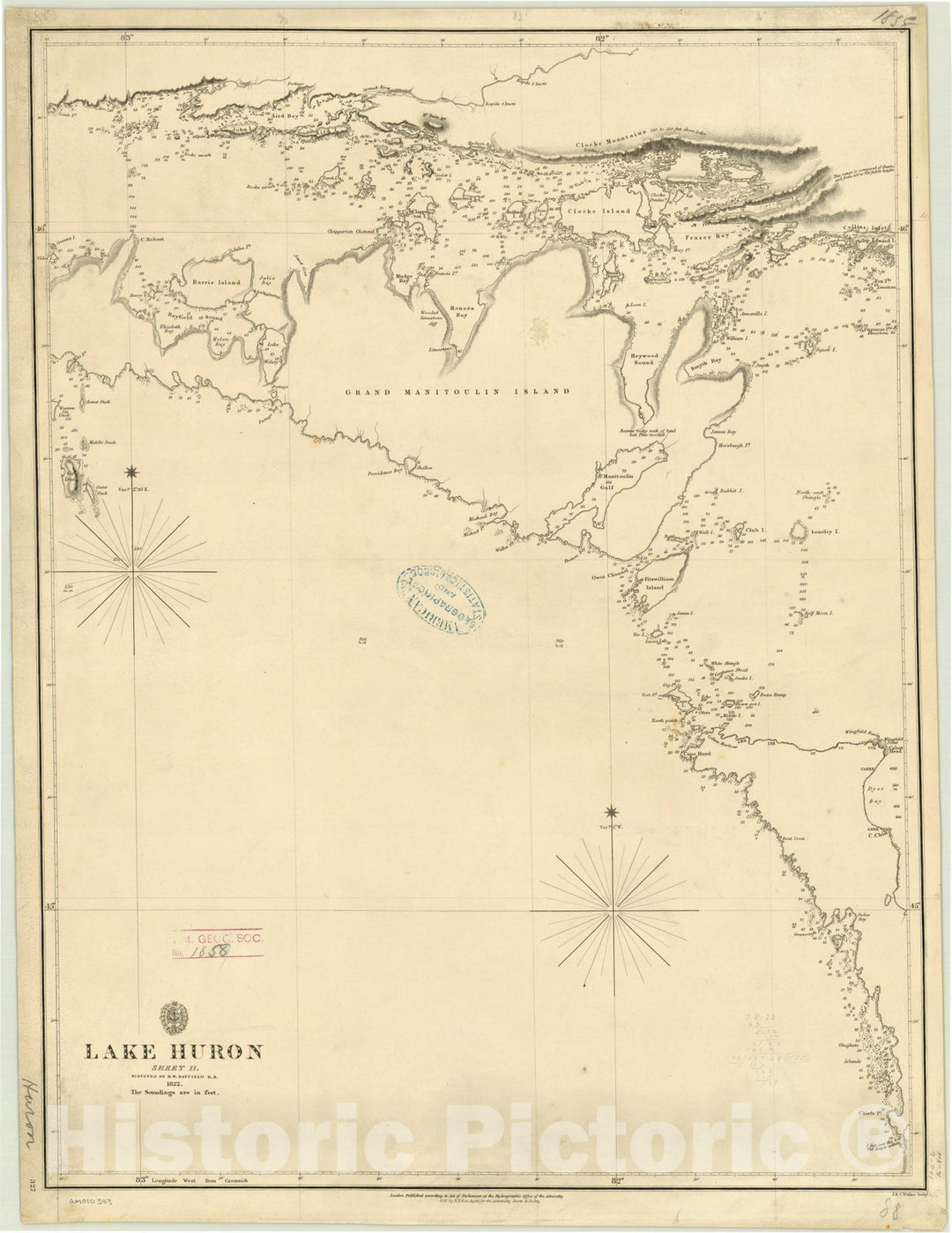 Map : Lake Huron 1828-1848 2, Lake Huron , Antique Vintage Reproduction