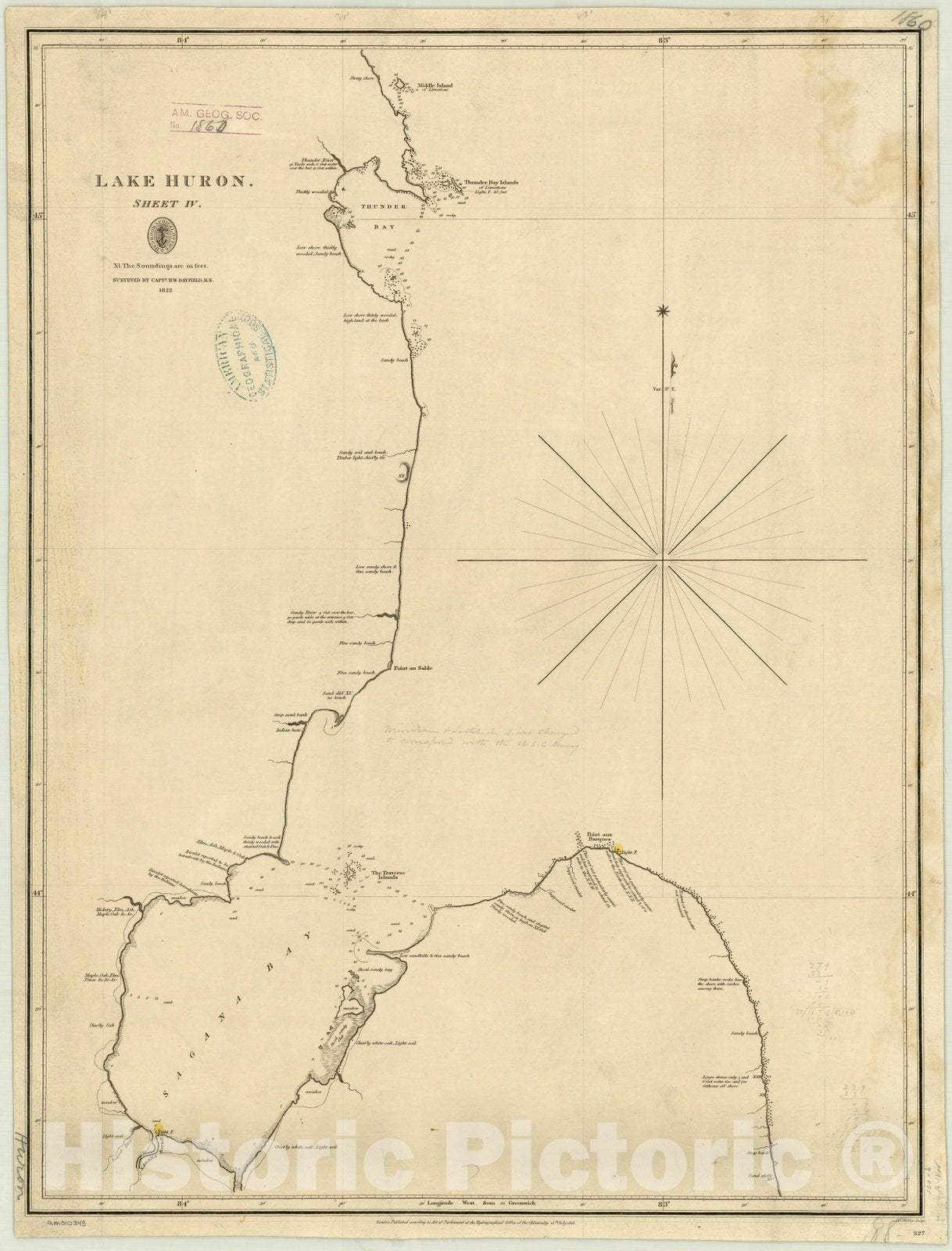 Map : Lake Huron 1828-1848 3, Lake Huron , Antique Vintage Reproduction