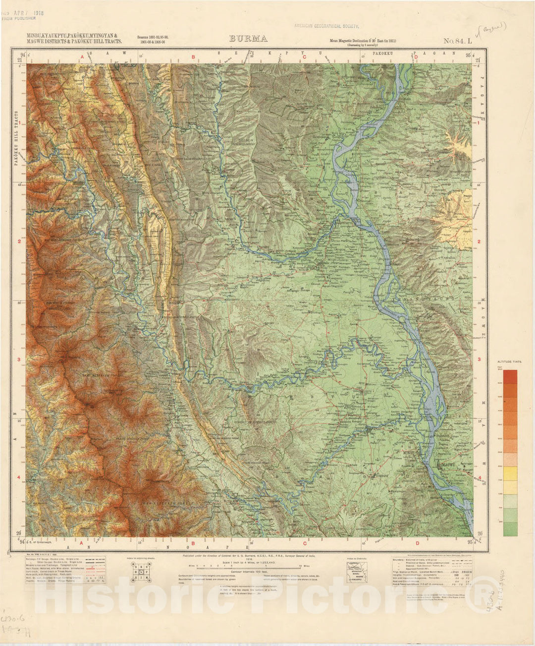 Map : Minbu, Kyaukpyu, Pakokku, Myingyan & Magwe Districts & Pakokku Hill Tracts, Burma, No. 84 L 1916 1, India 1:253,440, Antique Vintage Reproduction