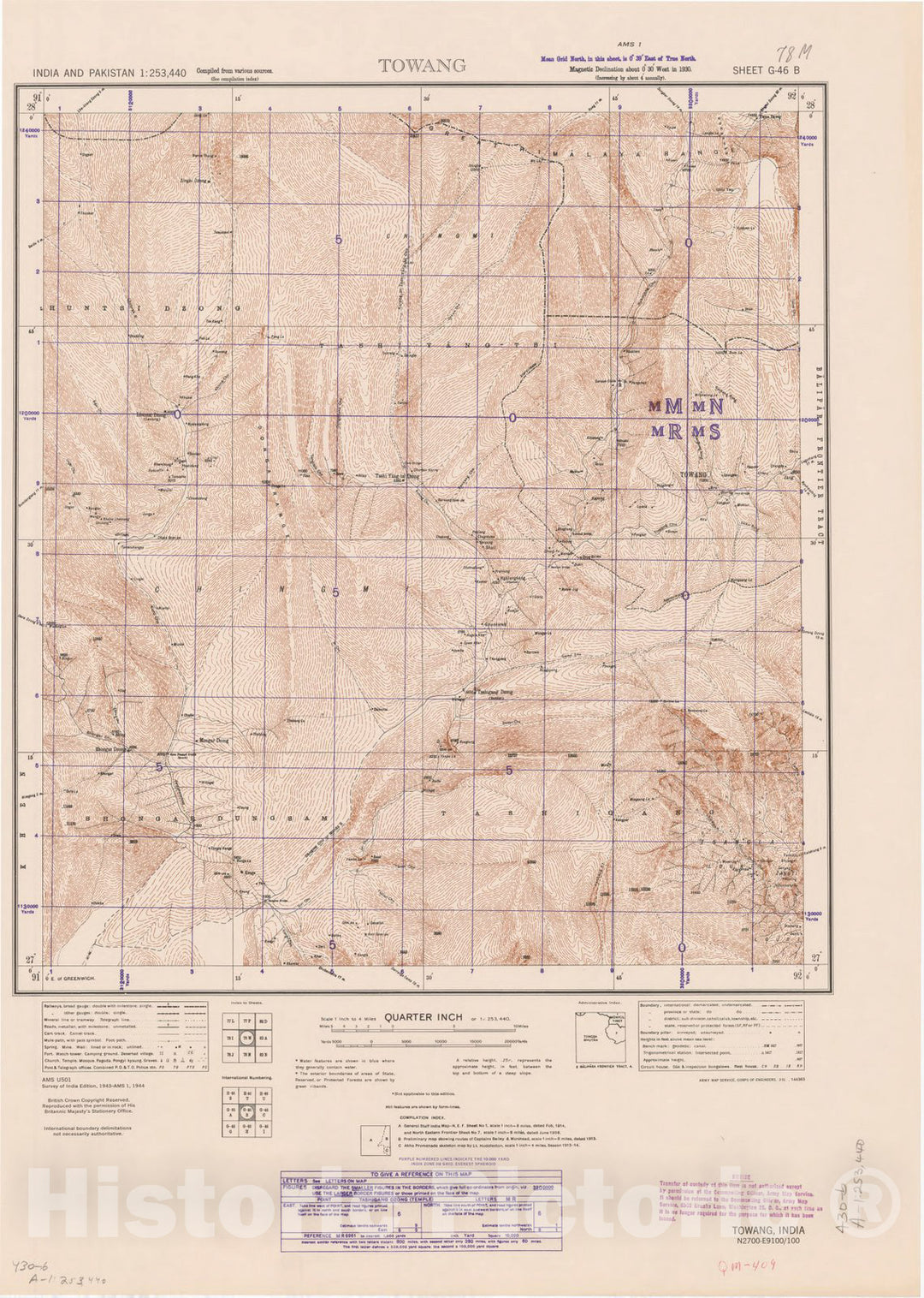 Map : India and Pakistan 1:253,440 Towang, 78 M 1944, India 1:253,440, Antique Vintage Reproduction