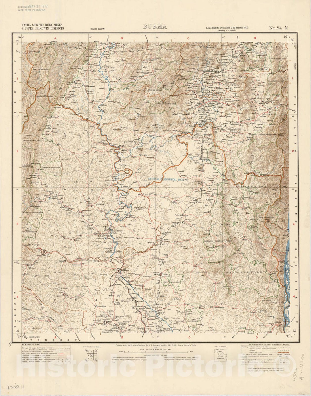 Map : Katha Shwebo Ruby Mines & Upper Chindwin Districts, Burma, No. 84 M 1915, India 1:253,440, Antique Vintage Reproduction