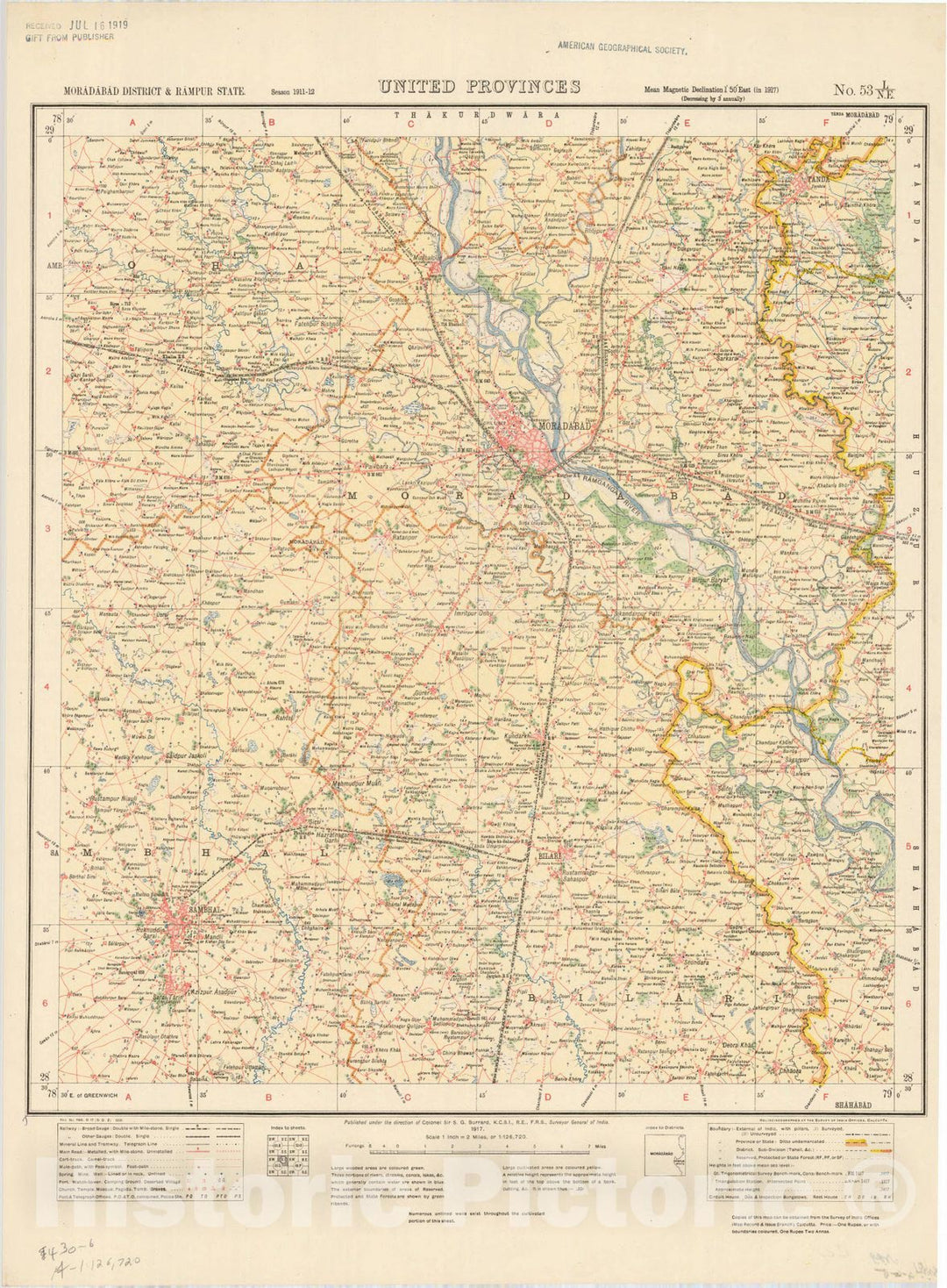 Map : Moradabad District & Rampur State, United Provinces, No. 53 L/N.E. 1917, India and adjacent countries, Antique Vintage Reproduction