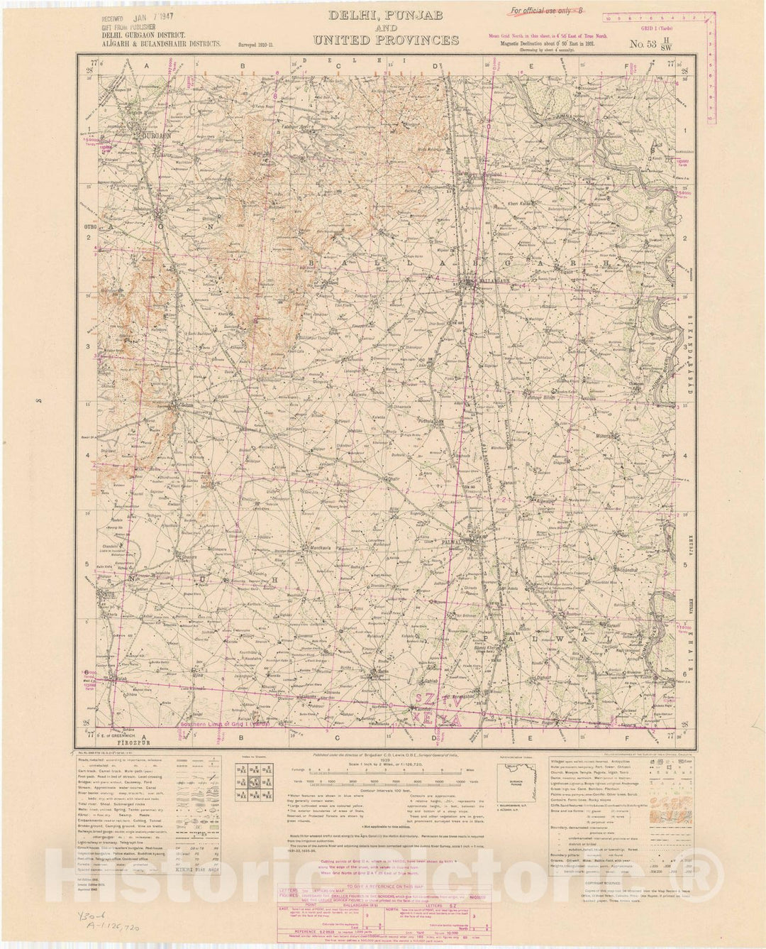 Map : Delhi, Gurgaon District, Aligarh & Bulandshahr Districts, Delhi, Punjab and United Provinces, No. 53 H/S.W. 1942, India and adjacent countries