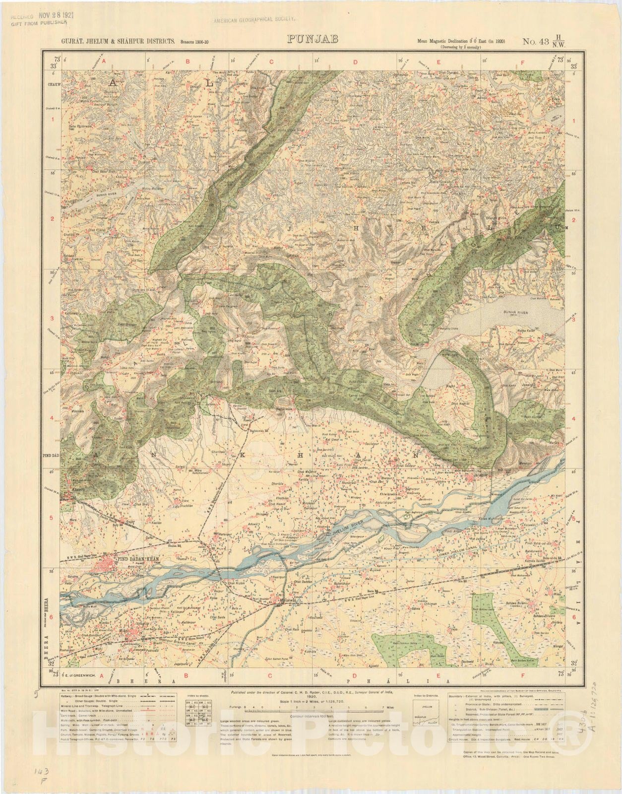 Map : Gujrat, Jhelum & Shahpur Districts, Punjab, No. 43 H/N.W. 1920, India and adjacent countries, Antique Vintage Reproduction