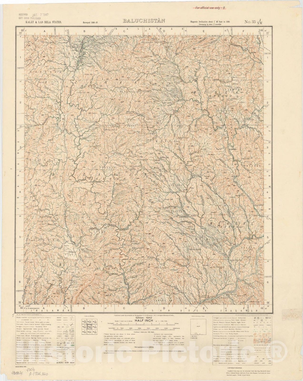 Map : Kalat & Las Bela States, Baluchistan, No. 35 J/N.W. 1942, India and adjacent countries, Antique Vintage Reproduction