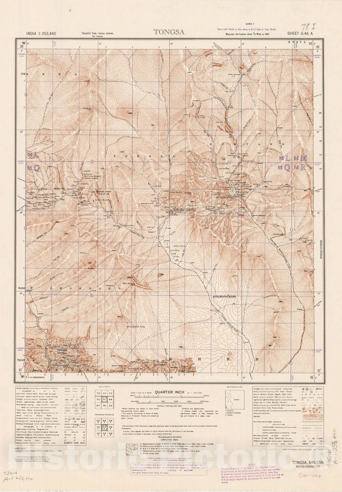 Map : India 1:253,440 Tongsa, sheet G-46 A [78 I] 1944, India 1:253,440, Antique Vintage Reproduction