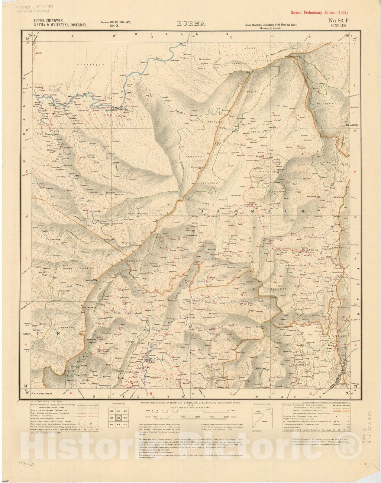 Map : Upper Chindwin, Katha & Myitkyina Districts, Burma no. 83 P Banmauk 1927, India 1:253,440, Antique Vintage Reproduction