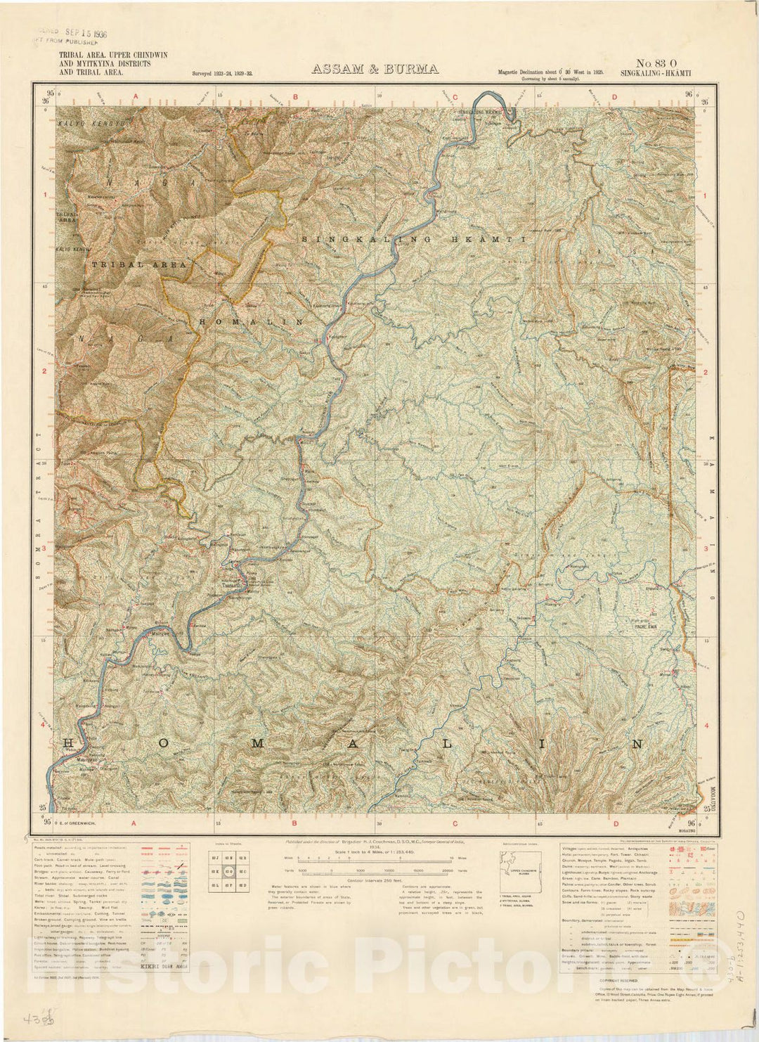 Map : Tribal area, Upper Chindwin and yitkyina Districts and Tribal area, Assam & Burma, No. 83 O Singkaling-Hkamti 1934, India 1:253,440, Antique Vintage Reproduction