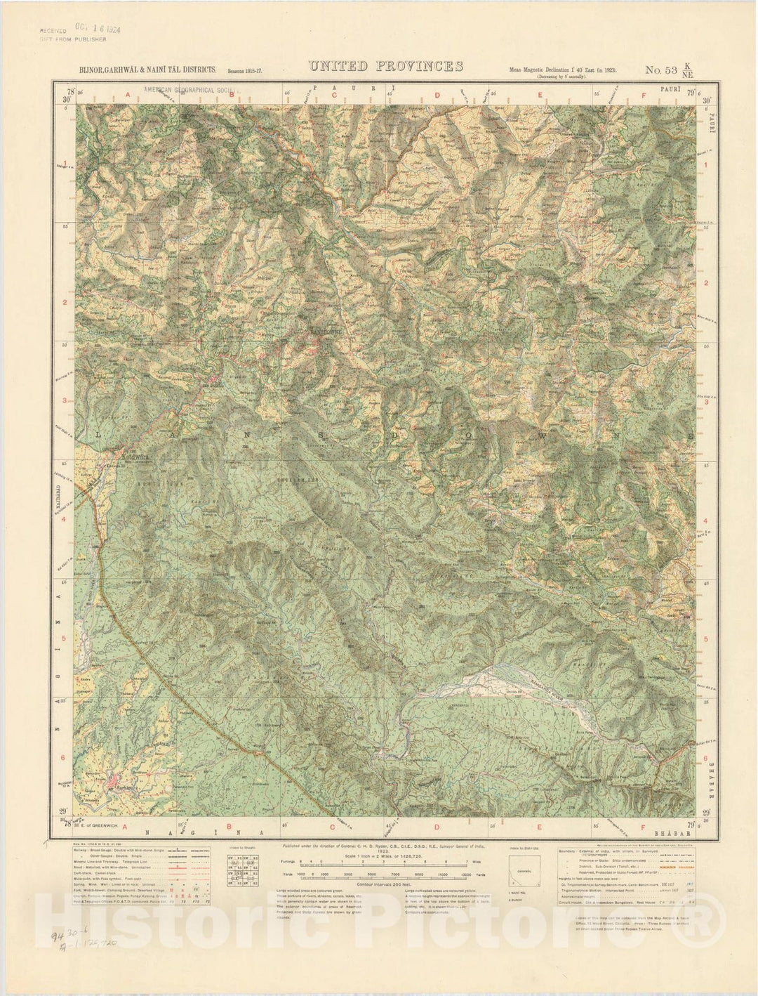 Map : Bijnor, Garhwal & Naini Tal Districts, United Provinces, No. 53 K/N.E. 1923, India and adjacent countries, Antique Vintage Reproduction