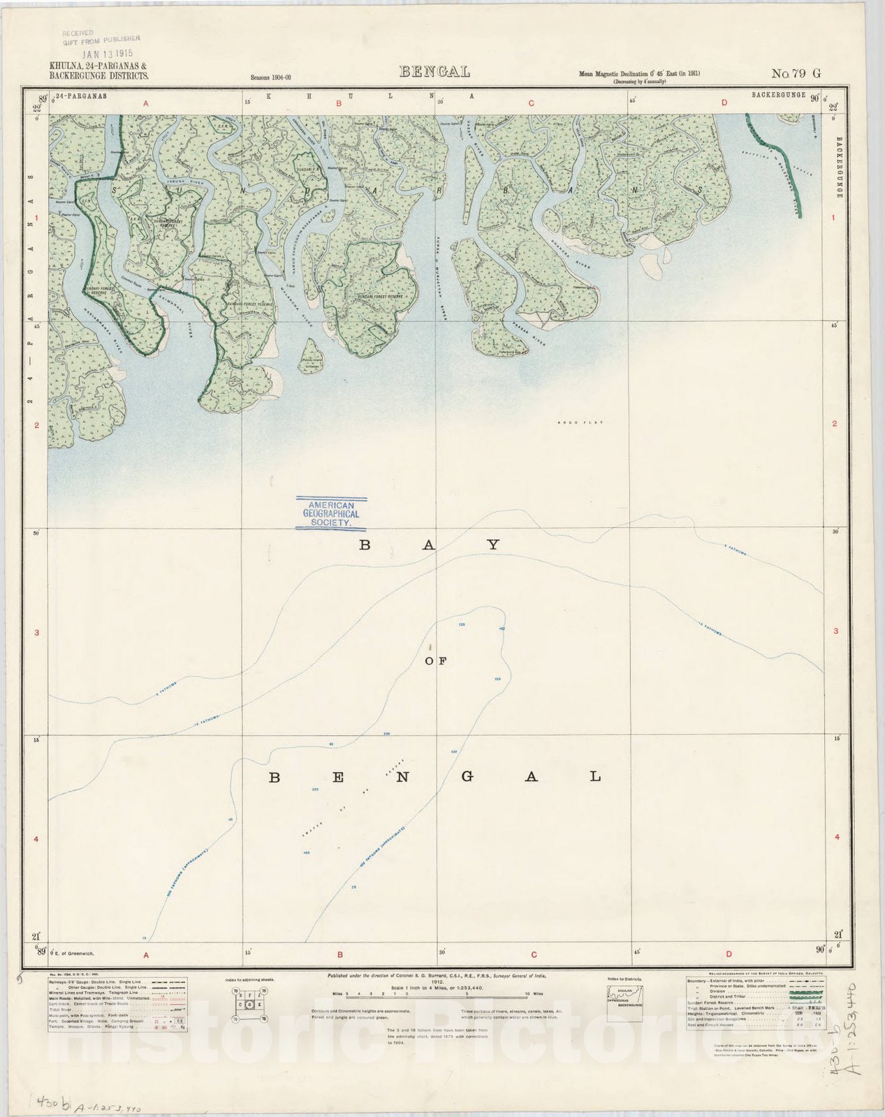 Map : Khulna, 24-Parganas & Backergunge Districts, Bengal, No. 79 G, 1912, India 1:253,440, Antique Vintage Reproduction