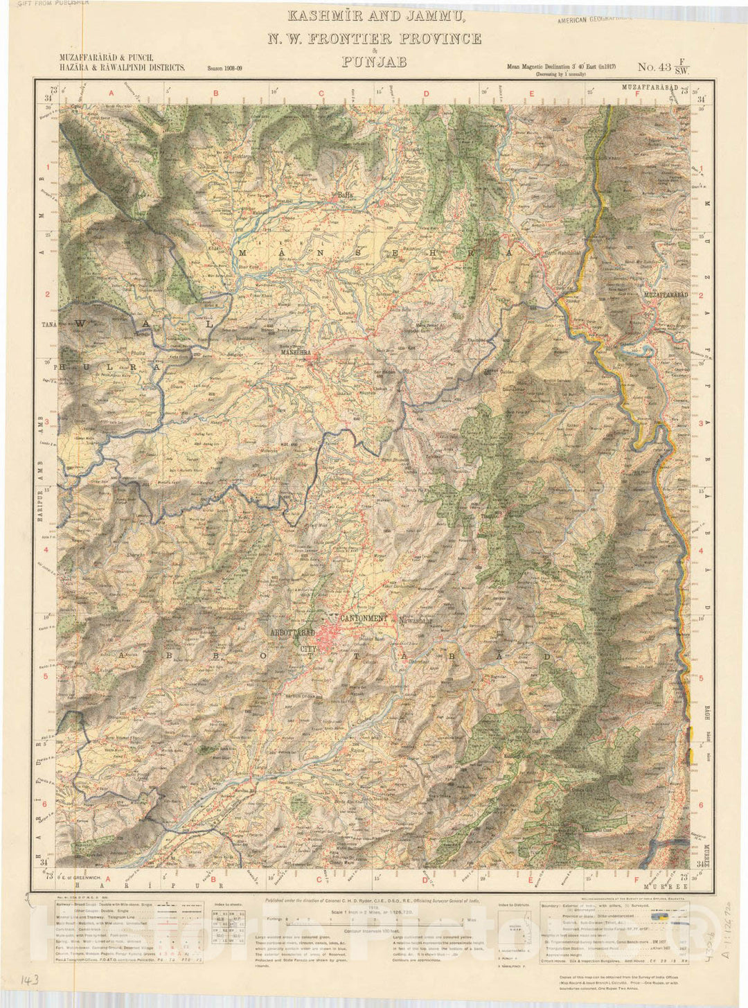 Map : Muzaffarabad & Punch, Hazara & Rawalpindi Districts, Kashmire and Jammu, N.W. Frontier Province & Punjab, No. 43 F/S.W. 1919, India and adjacent countries