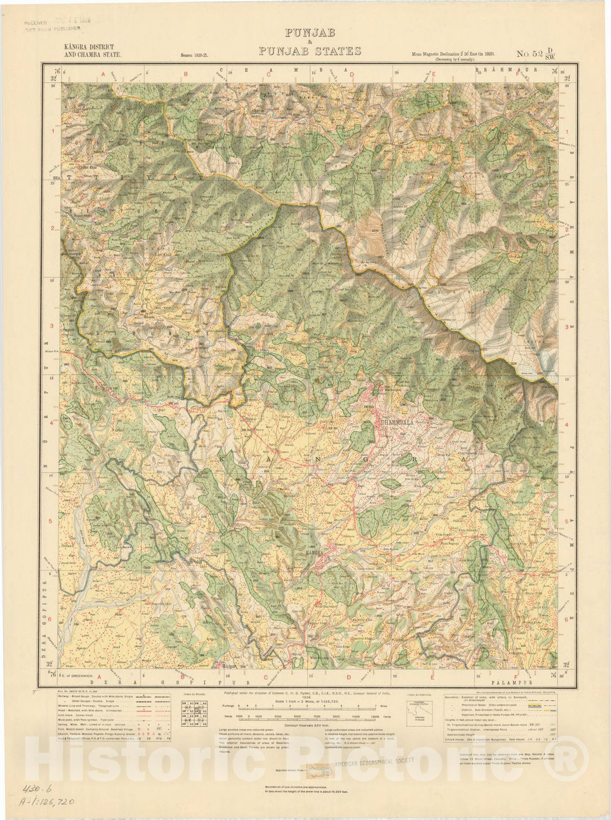 Map : Kangra District and Chamba State, Punjab & Punjab States, No. 52 D/S.W. 1924, India and adjacent countries, Antique Vintage Reproduction