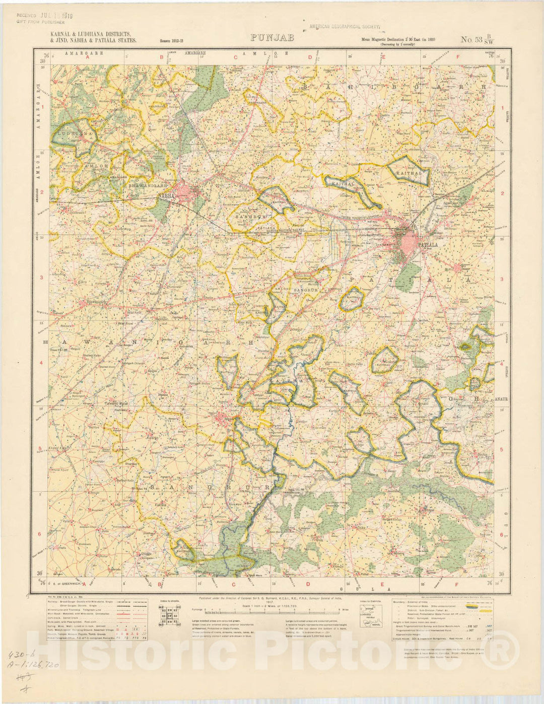 Map : Karnal & Ludhiana Districts, & Jind, Nabha & Patiala States, Punjab, No. 53 B/S.W. 1917, India and adjacent countries, Antique Vintage Reproduction