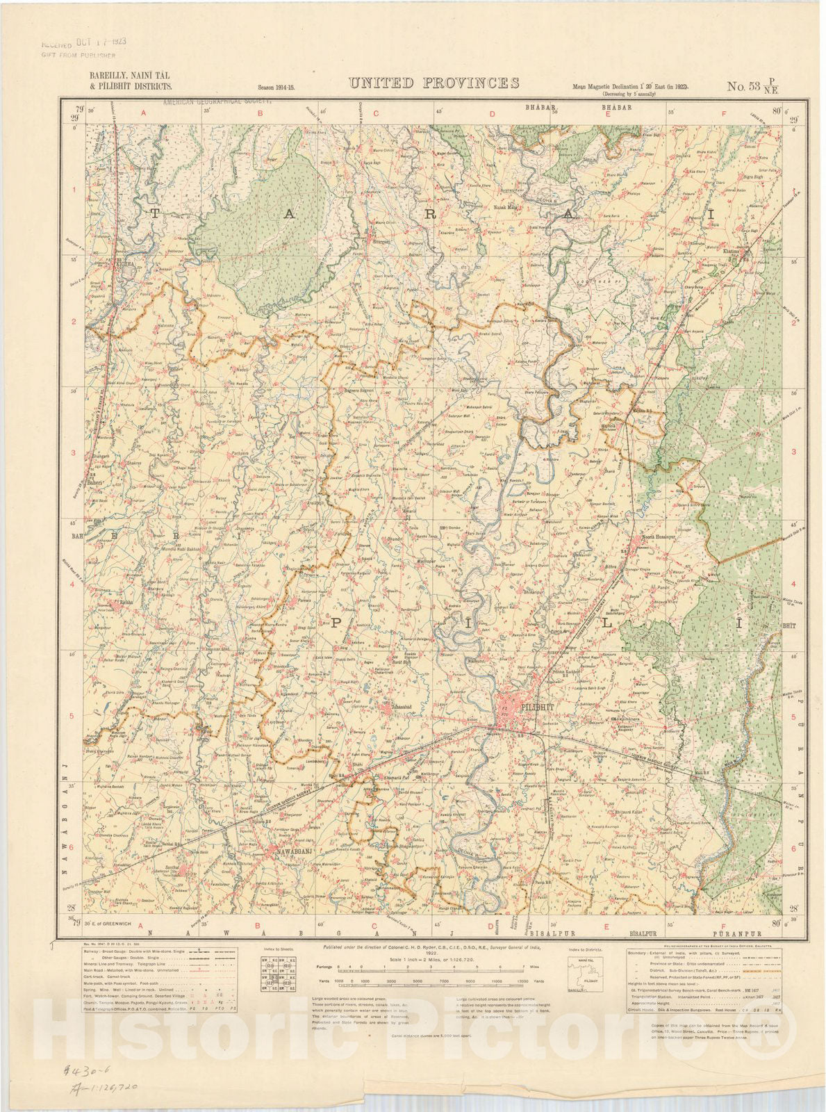 Map : Bareilly, Naini Tal & Pilibhit Districts, United Provinces, No. 53 P/N.E. 1922, India and adjacent countries, Antique Vintage Reproduction