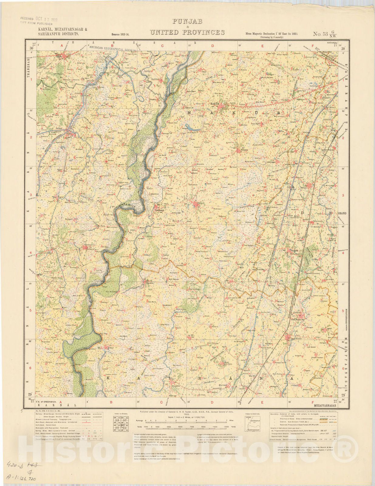 Map : Karnal, Muzaffarnagar & Saharanpur Districts, Punjab & United Provinces, No. 53 G/N.W. 1922, India and adjacent countries, Antique Vintage Reproduction