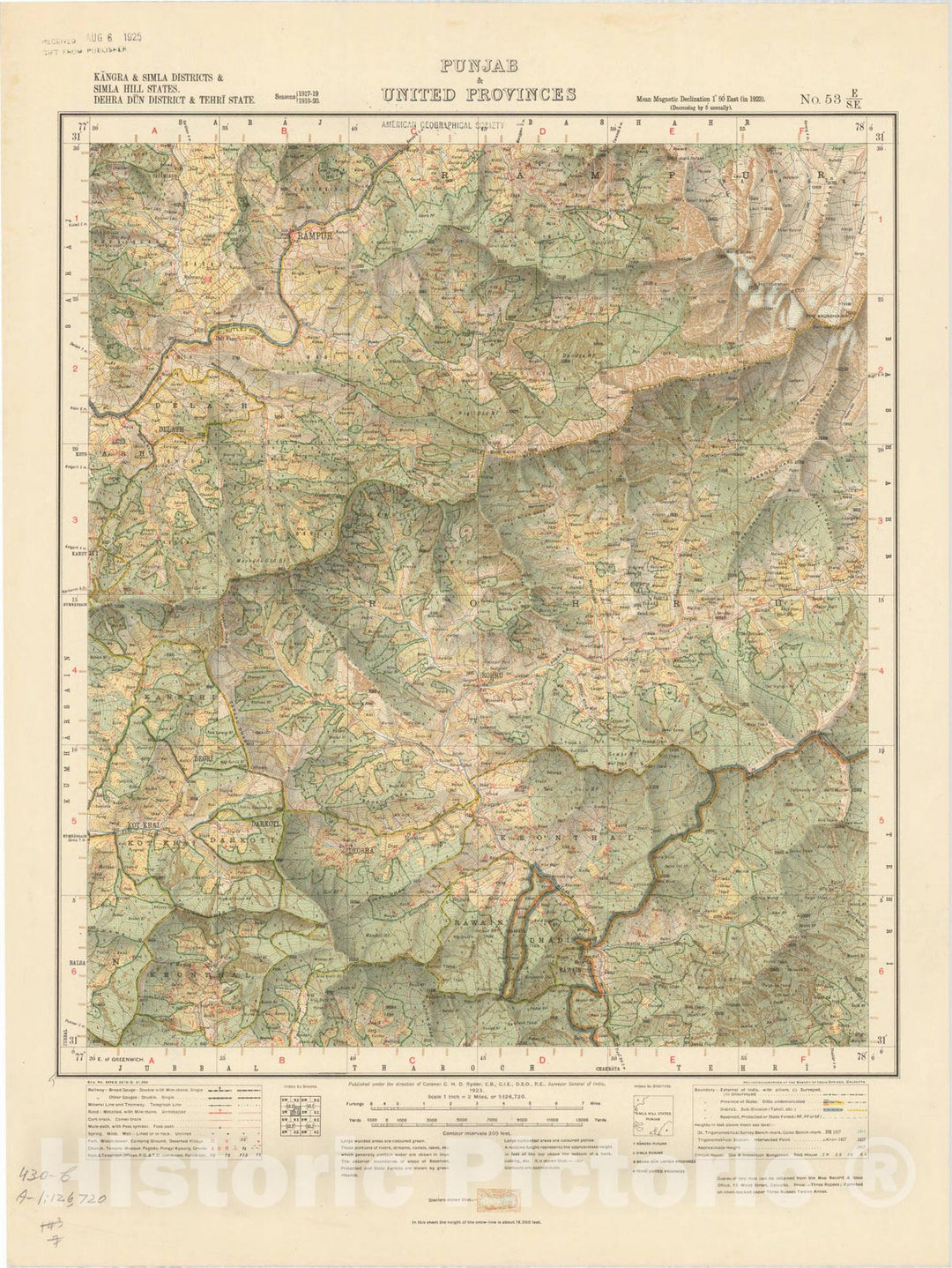 Map : Kangra & Simla Districts & Simla Hill States, Dehra Dun District & Tehri State, Punjab & United Provinces, No. 53 E/S.E. 1923, India and adjacent countries